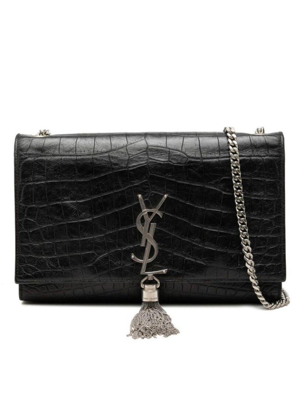Saint Laurent YSL Logo Kate Medium Chain Shoulder Bag Croco Embossed Black
